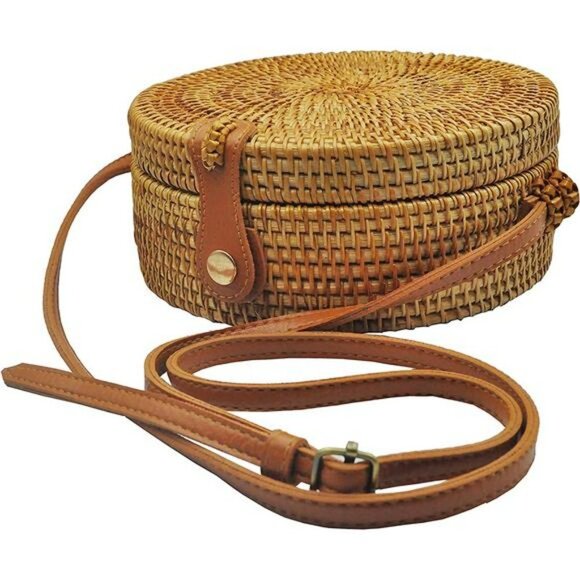 Handwoven Round Rattan Bag Made In Vietnam, Real Leather Adjustable Strap Bag - Picture 1 of 6